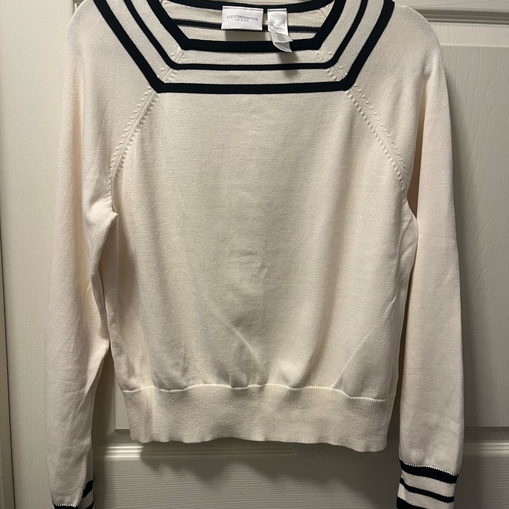 Liz Claiborne Cream and Black Striped‎ Neck Sweater